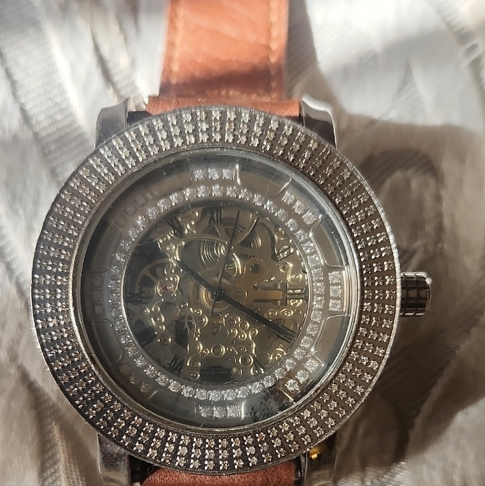 Freeze Men's Silver Crystal Bezel Skeleton Watch with Brown Strap